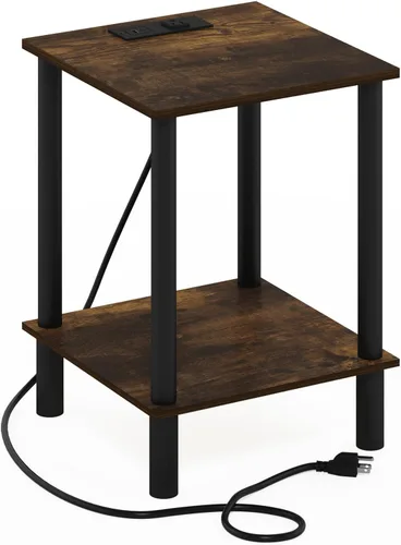 Miniatura 7 de Furinno Turn-N-Tube - Mesa auxiliar cuadrada de 2 niveles con estación de carga, mesita de noche, mesita de noche con puerto USB y tipo C, para sala