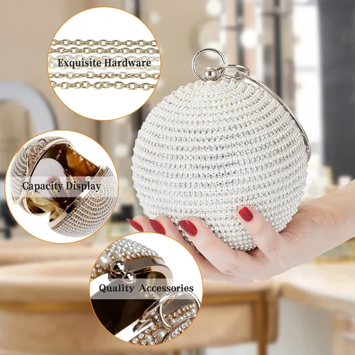Miniatura 4 de Bolso de noche para mujer, bolso de mano redondo con cuentas de perlas, bolso de mano con diamantes de imitación