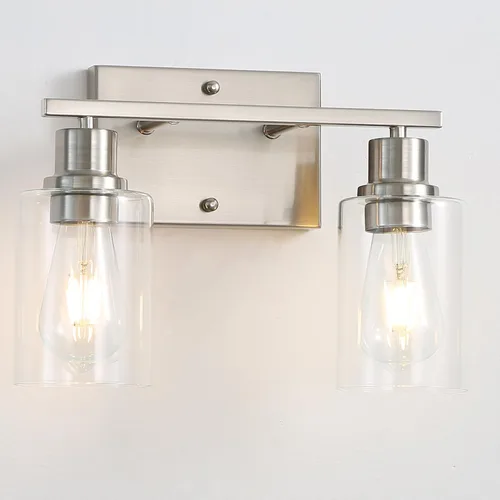Miniatura 12 de Lámparas de tocador de baño de 3 luces, apliques de pared negro mate con pantallas de vidrio transparente, iluminación de pared moderna de granja