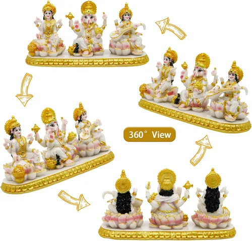 Miniatura 5 de alikiki Estatua india de Laxmi Ganesh Saraswati – 3.9 pulgadas de alto pequeño aspecto de mármol Lakshmi Ganesha ídolo escultura para tablero