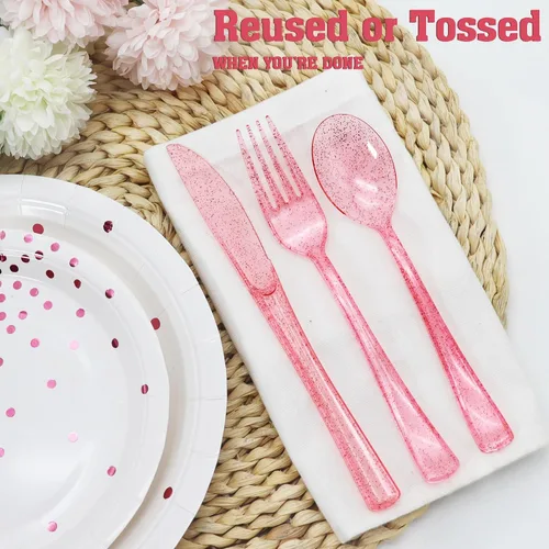 Miniatura 3 de 150 piezas de juego de cubiertos de plástico rosa resistente - 50 tenedores, 50 cuchillos, 50 cucharas para cumpleaños, boda, baby shower, despedida