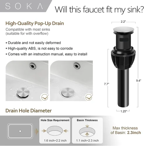Miniatura 4 de SOKA - llave de baño en cascada, llave de fregadero de baño con un solo mango y un solo agujero para lavabo, llave de lavabo con desagüe emergente