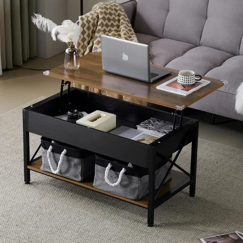 VINGLI Mesa de centro elevable de 36" con contenedores de almacenamiento de tela gratis, mesas de centro negras rústicas de granja para sala de