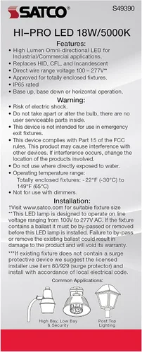 Miniatura 7 de Satco Bombilla LED de mazorca de maíz de 18 W, repuesto HID para iluminación de garaje y comercial, luz diurna de 5000 K, base E26, derivación