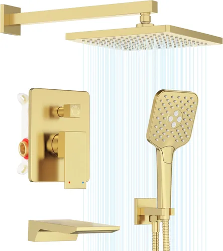Gabrylly Sistema de ducha con boquilla de bañera, juego de grifo de ducha montado en la pared para baño con cabezal de ducha de lluvia de alta