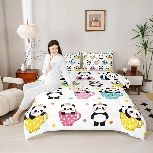 Miniatura 2 de Juego de edredón de panda lindo para niños, 2 piezas, tamaño individual, edredón y juegos de ropa de cama Kawaii Pandas Cupcake para niños y niñas