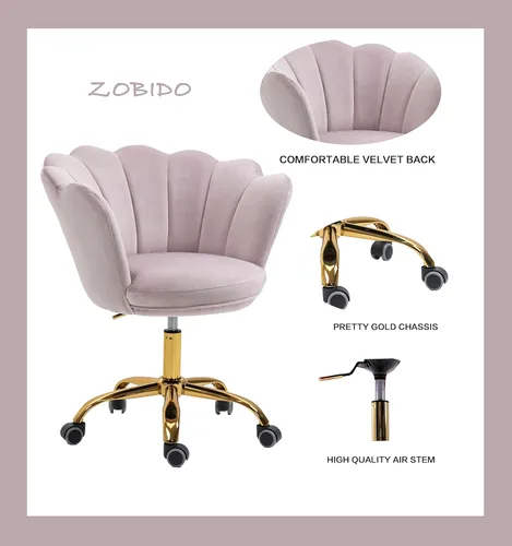 Miniatura 4 de Silla cómoda de oficina en casa con ruedas, linda silla de escritorio de tocador giratoria ajustable de terciopelo con respaldo de concha marina