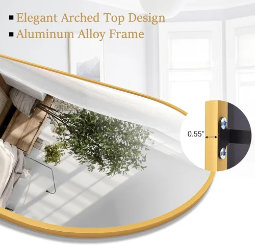 Miniatura 8 de Rowjut Espejo de Piso de 64"x21" Espejo Arqueado de Cuerpo Completo, Espejos de Piso de Cuerpo Completo de Pie Colgante o Reclinable/Grande de Dorado