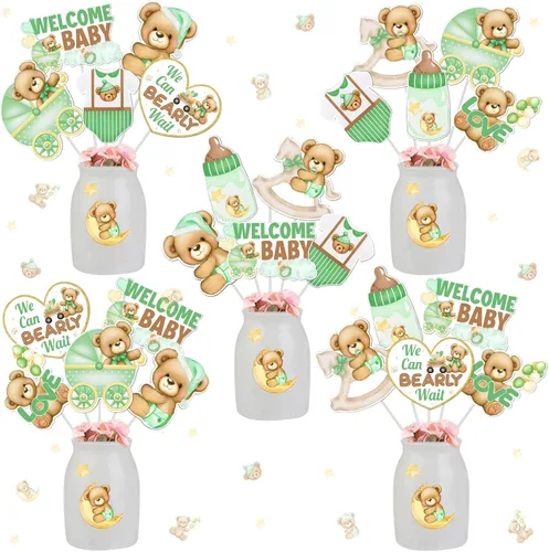 24 piezas de palos de mesa de oso para baby shower, color verde salvia, decoración con texto en inglés «We Can Bearly Wait», decoración de baby