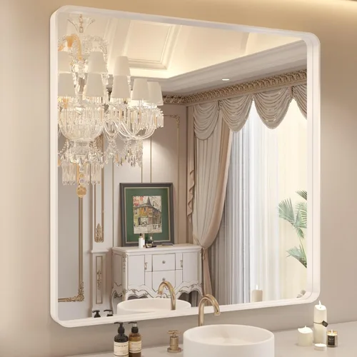 Miniatura 19 de WEER - Espejo de baño dorado, espejo de 40x32 pulgadas con marco de metal dorado cepillado, espejo de tocador de baño de oro para pared