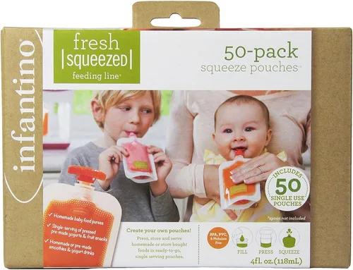 Infantino Bolsas exprimibles desechables - Paquete de 50 bolsas desechables para alimentos caseros semi-sólidos portátiles para bebés y niños
