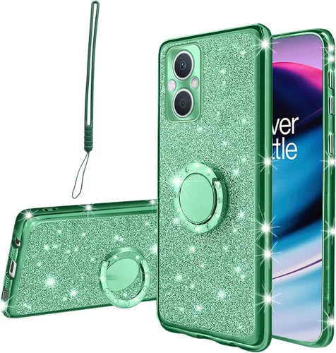 Funda para teléfono N20, OnePlus Nord N20 5G para mujer, bonita funda protectora de TPU transparente suave con purpurina y correa de pie para Verde