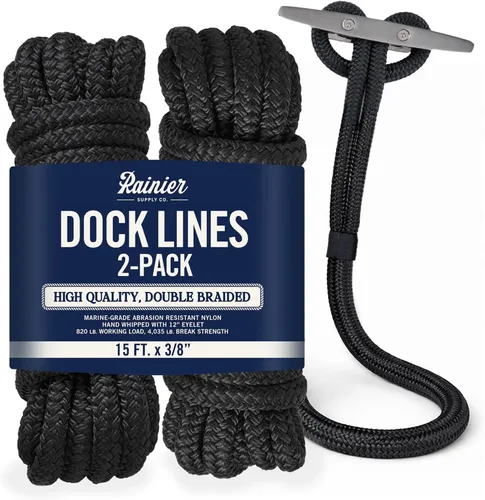RainierSupplyCo Líneas de Amarre - Paquete de 2 cuerdas de barco para atraque con bucle, cuerda marina de nailon doble trenzada de alta calidad de
