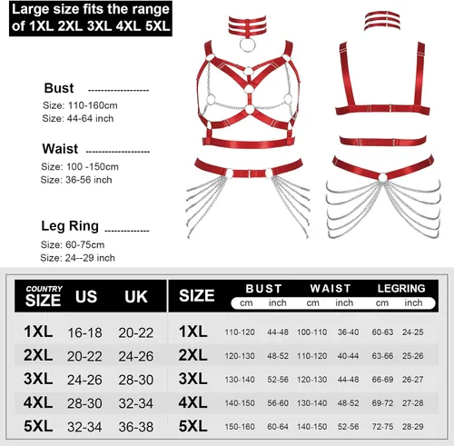 Miniatura 4 de Arnés de cuerpo de talla grande para mujer gorda y niña, cadena de metal, hueco completo, sujetador de jaula, medias de pierna, liguero, ropa gótica