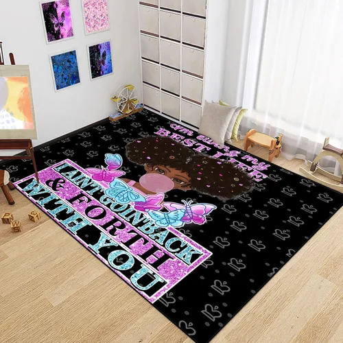 Miniatura 25 de Alfombra de área para dormitorio de niñas negras africanas, alfombra para sala de estar, sala de juegos, azul, lindo anime de dibujos animados