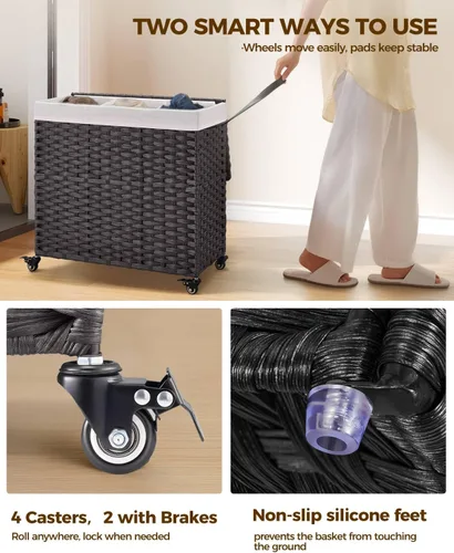Miniatura 52 de GREENSTELL Cesta para ropa sucia con ruedas y tapa, 130 L, cesta grande de 3 secciones con 2 tipos de bolsas de forro extraíbles, 5 bolsas de malla