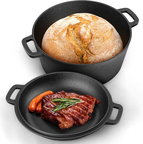 P&P CHEF Olla de horno holandés de 5 cuartos de galón para hornear pan (negro), juego de 2 en 1 de horno holandés redondo de hierro fundido con