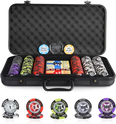 ORIENGEAR Juego de fichas de póquer con denominaciones, 300 unidades de 14 gramos de fichas de casino de arcilla compuesta con estuche ABS y 2 mazos
