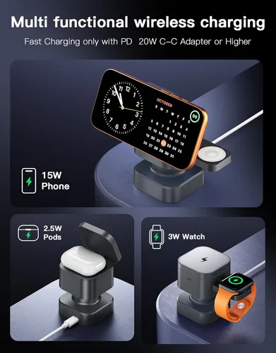 Miniatura 3 de Estación de carga inalámbrica 3 en 1, cargador inalámbrico con lámpara nocturna y diseño retráctil, cargador inalámbrico para teléfono