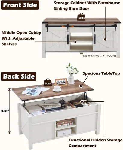 Miniatura 3 de OKD - Mesa de centro de granja de 48" con puerta de granero deslizante, mesa rústica con compartimento de almacenamiento oculto, superficie superior