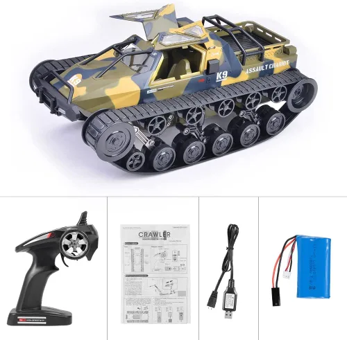 Miniatura 9 de GoolRC Auto tanque a control remoto, escala 1/12, tanque de control remoto de 2.4 GHz, vehículo militar giratorio todoterreno con batería Verde