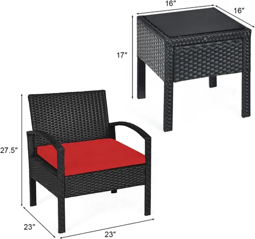 Miniatura 5 de Tangkula Juego de 3 piezas para conversación de patio, juego de sofá de ratán para exteriores con cojines de asiento y mesa auxiliar, juego de Rojo