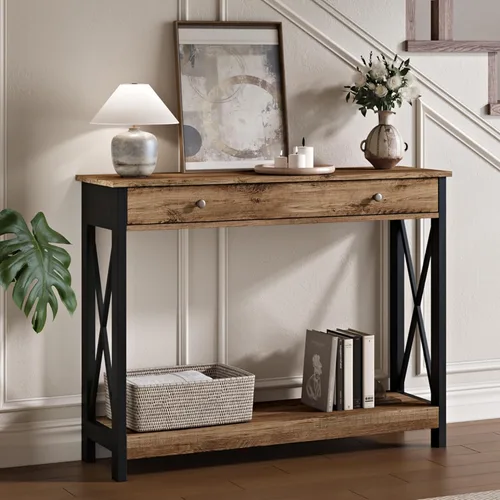 Miniatura 11 de Mesa de consola Treocho Espresso con cajón y estantes de almacenamiento, mesa de sofá estrecha para entrada, sala de estar, pasillo