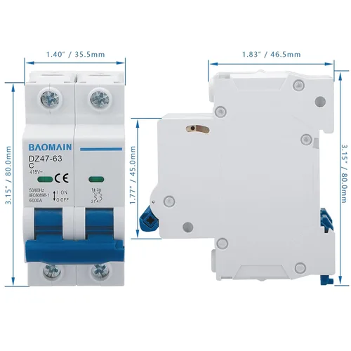 Miniatura 3 de Baomain Disyuntor miniatura DZ47-63 Break AC 230V/400V 1Amp 2 Polo Montaje en riel DIN (1 Amp.) Reliably protects AC home circuits from overloads