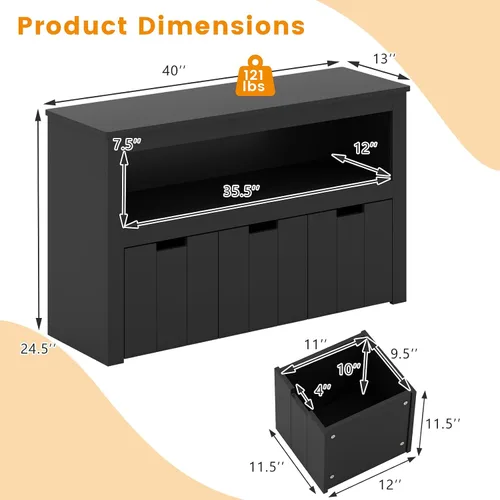 Miniatura 3 de HONEY JOY Organizador de almacenamiento de juguetes para niños, estante de guardería para niños, 3 cajas de juguetes de madera con ruedas, armario