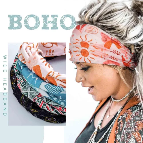 Miniatura 7 de Acenail Diademas anchas para mujer, turbante bohemio, diadema anudada, floral, elástica, antideslizante, para entrenamiento, yoga, bufandas