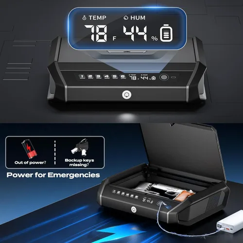 Miniatura 4 de Caja fuerte para armas con pantalla LCD, ≤0.1s de acceso rápido grande para pistola de 2 a 4 pistolas, caja de bloqueo de pistola de mano con huella