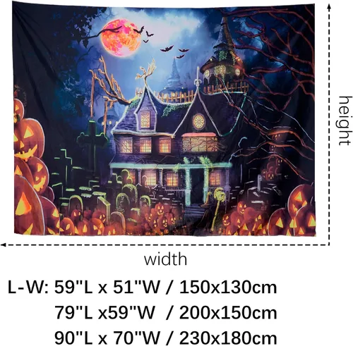 Miniatura 5 de OSVINO Blacklight - Tapiz de castillo de Halloween, 59 x 51 pulgadas, calabazas, murciélagos, cruces, telón de fondo, dormitorio, estético, hippie