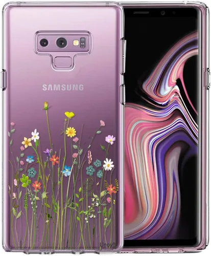 Unov Funda compatible con Galaxy Note 9, transparente con diseño de TPU suave, absorción de golpes, delgada, diseño floral en relieve, cubierta