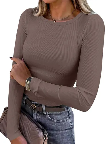 Miniatura 29 de ANRABESS - Camisetas de manga larga para mujer, de punto acanalado, ajustadas, básicas, 2025, informales, para usar a capas o debajo del uniforme