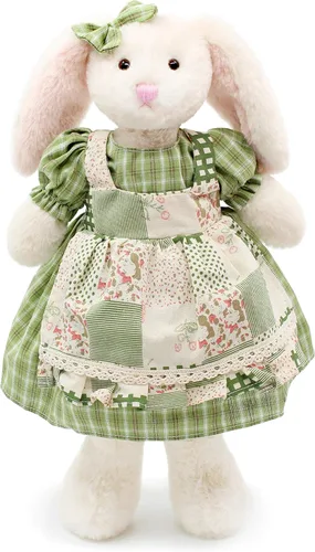 Miniatura 2 de Oitscute Pequeño y suave conejo de peluche de 15 pulgadas, juguete para bebés y niñas (conejo blanco con vestido a cuadros verde)
