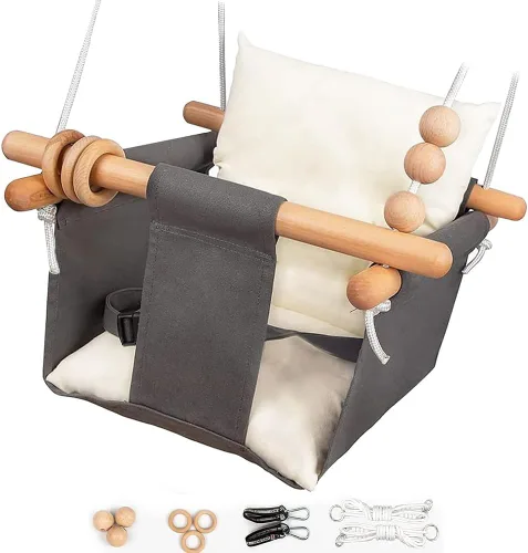 Miniatura 7 de Columpio para Bebé Interior y Exterior Asiento de Columpio para Niños Pequeños con Cinturón de Seguridad, Columpios Colgantes de Lona Exterior Crema
