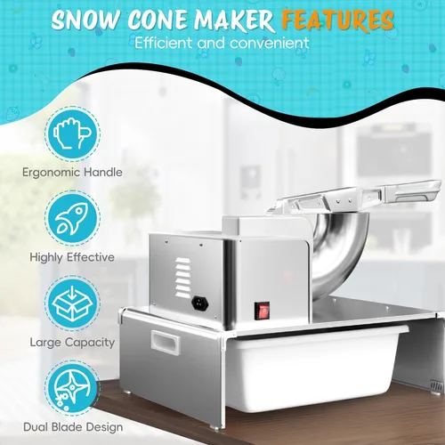 Miniatura 4 de VALONDINO Máquina de Cono de Nieve y Hielo Afeitado, Trituradora de Hielo Comercial 500LB/H, Máquina de Hielo Afeitado Esponjoso, 300W, Trituradora