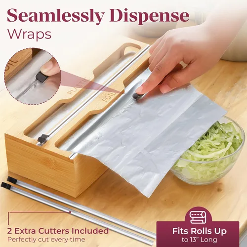 Miniatura 10 de Organizador de bolsas de almacenamiento de cocina de bambú, organizador de cajones con dispensador de aluminio, organizador de bambú para bolsas