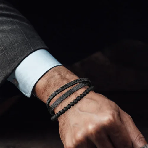 Miniatura 3 de Pulseras de cuentas de cuero en capas para hombres, pulseras de cuero trenzado con ojo de tigre y piedra de lava para hombres con cierre magnético