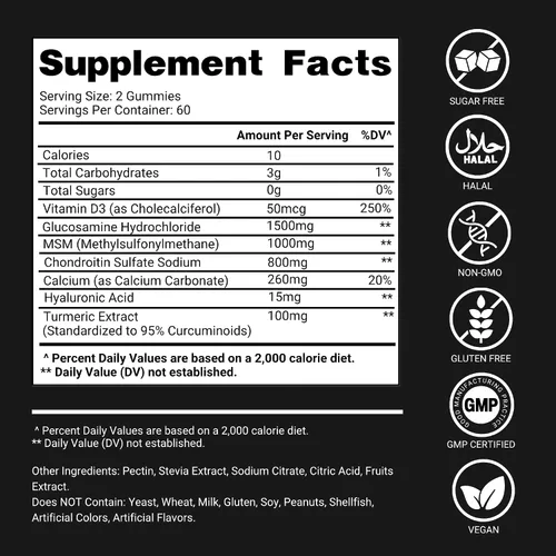 Miniatura 7 de Gomitas de condroitina de glucosamina para apoyo articular – 120 gomitas de glucosamina extra fuertes 3000 mg con MSM, cúrcuma, calcio, vitamina D3
