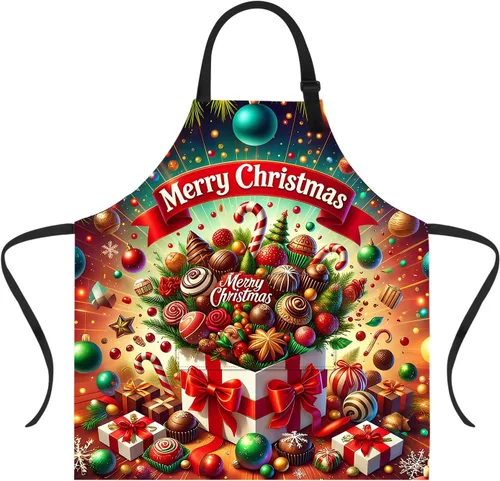 Miniatura 20 de Delantal de Navidad de THISFIND con 2 bolsillos, cuello ajustable para mujeres, hombres y adultos, ideal para cocina, parrilla, horneado