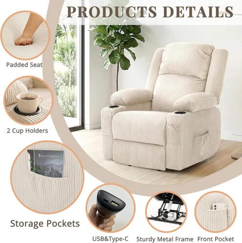 Miniatura 3 de Silla reclinable de elevación eléctrica de alta resistencia para ancianos, capacidad de 400 libras, masaje y sillón reclinable de calor, de pana