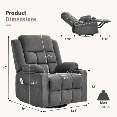 Miniatura 2 de Ketaiyou Silla reclinable giratoria para adultos con masaje y calor, portavasos y bolsillos laterales, sillón reclinable para sala de estar (gris DK)