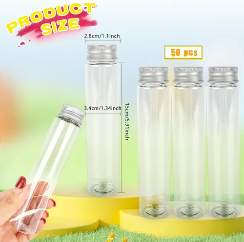 Miniatura 2 de 50 tubos de ensayo de plástico con tapón de rosca, tubos de ensayo transparentes de 3.7 fl oz con tapa, tubo de ensayo transparente de fondo plano