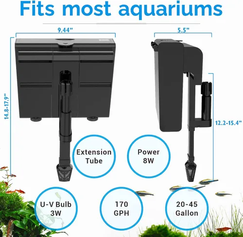 Miniatura 2 de Filtro de acuario U-V para tanque de 30 a 45 galones, filtro de acuario para colgar en la parte posterior, máquina de limpieza de agua verde, filtro