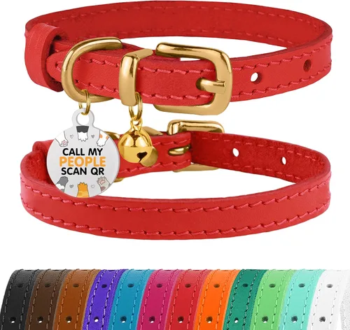 Miniatura 20 de BRONZEDOG Collar de cuero para gato con campanas extraíbles sin liberación rápida, etiqueta QR para gatito para niña y niño