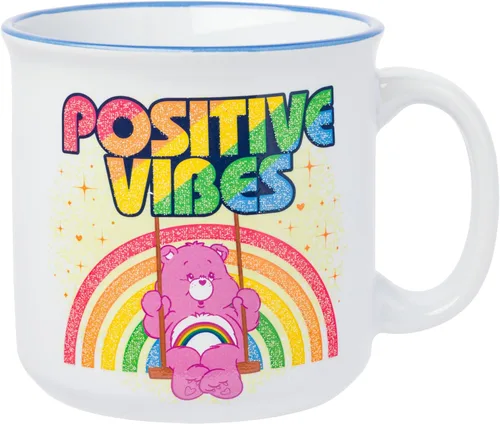Silver Buffalo - Taza de cerámica de campamento de Los Ositos Cariñositos con purpurina y frase «Positive Vibes» de 20 onzas Care Bears Vibes