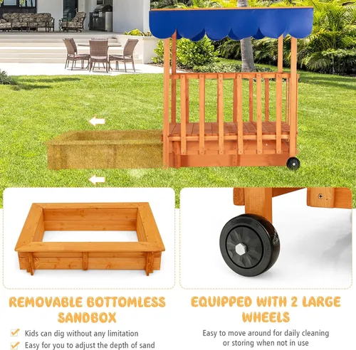 Miniatura 4 de HONEY JOY Caja de arena 3 en 1 para niños con casa de juegos y toldo, madera de cedro sin fondo para patio trasero con ruedas, barandillas