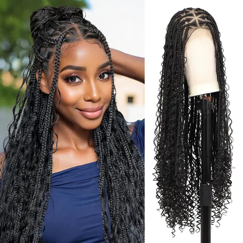 Miniatura 9 de Kalyss Pelucas trenzadas sin nudos para mujer, peluca trenzada con encaje frontal de 13 x 8 pulgadas, pelucas trenzadas con cabello de bebé, peluca