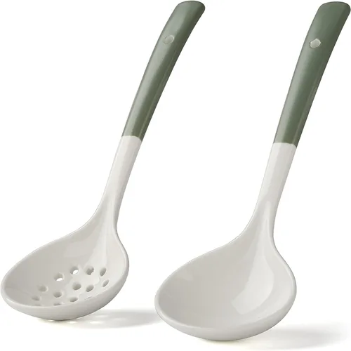 Miniatura 8 de Juego de 2 cucharones de cerámica con cucharón grande para sopa con espumadera, cucharones ranurados, cucharones de cocina, cucharas coladoras